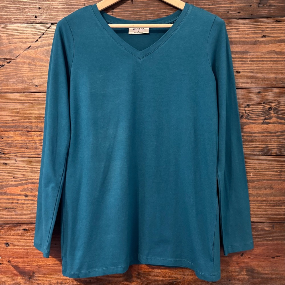 Zenana V-Neck Long Sleeve Top Women's Large Teal Blue Basic Layering Casual Soft